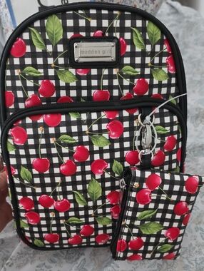 Madden Girl Black & White Gingham Backpack with Red Cherry Print